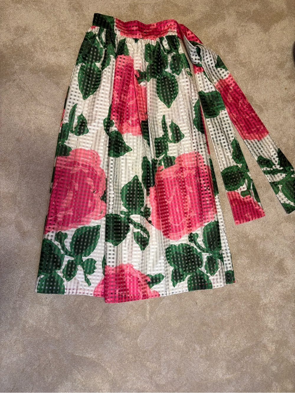 Tory Burch Pink Rose Print Midi Skirt with Green Leaves